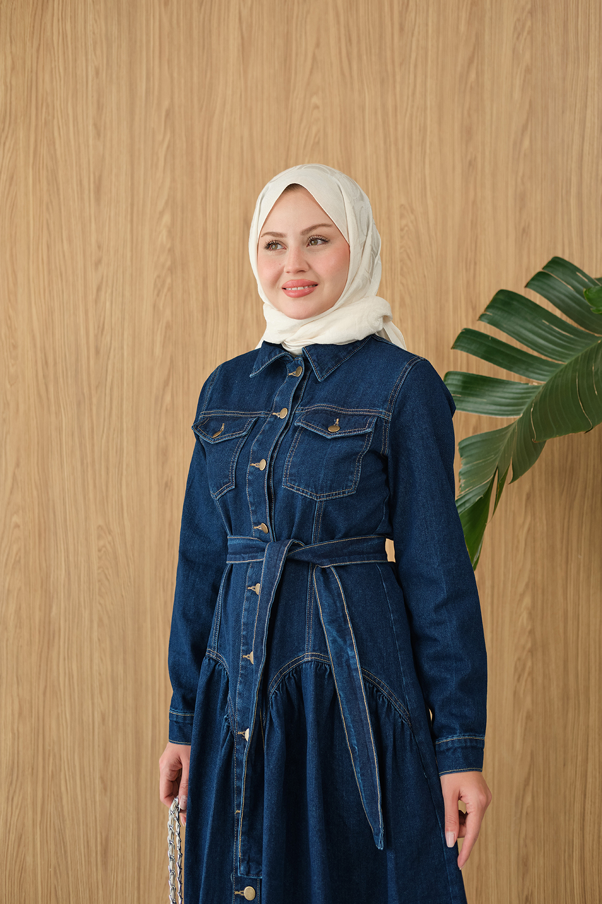 LOCCO  Kadın Çift Cepli Bel Büzgü Ve Dikiş Detay Boydan Düğmeli Kot Elbise Lacivert - Görsel 6