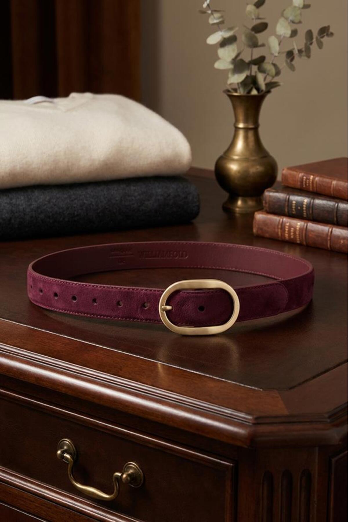 Mira Genuine Suede Leather Claret Red Gold Buckle Women's Belt