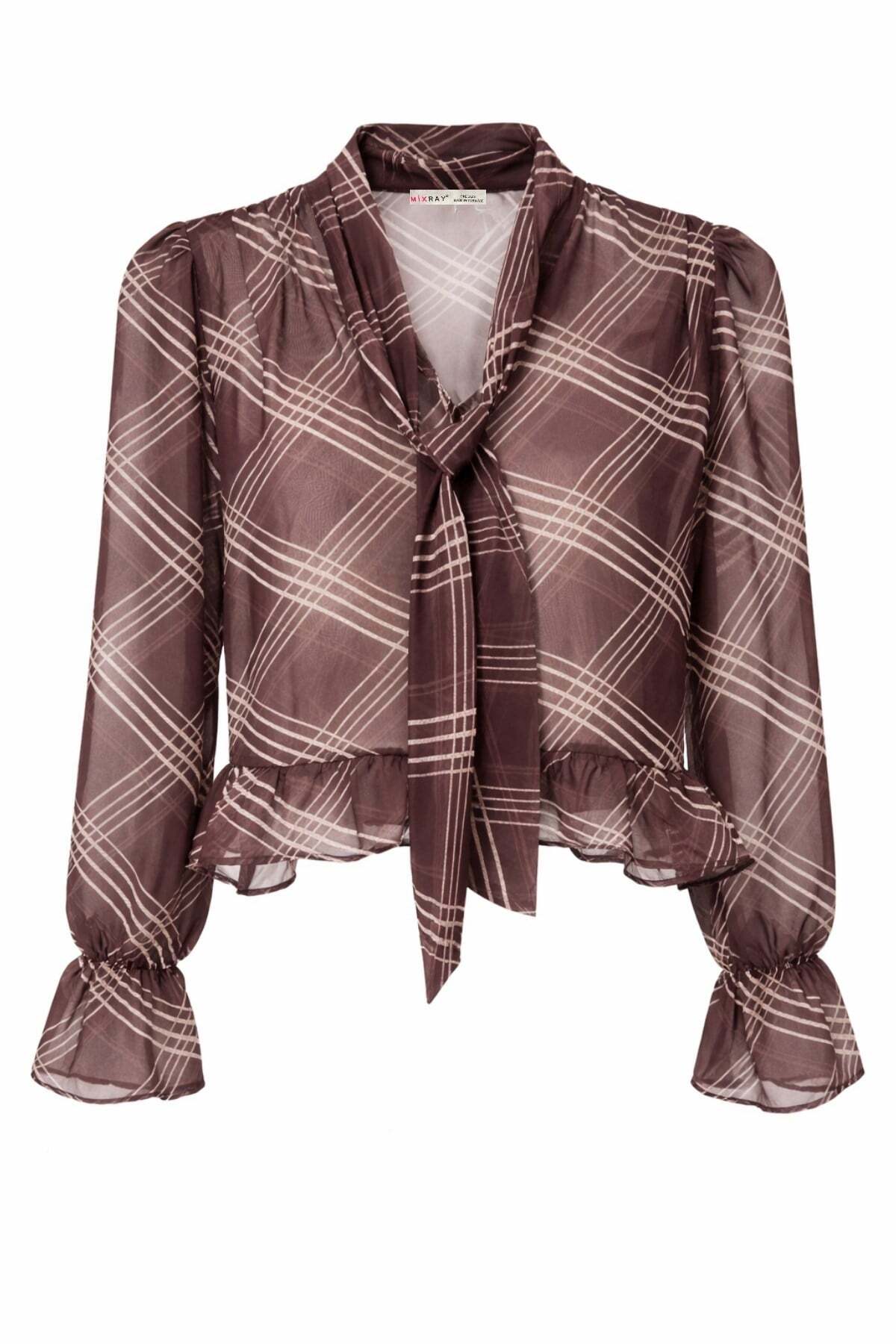Mixray  4853 Kadın Fular Bağlamalı Desenli Şifon Bluz Kahve