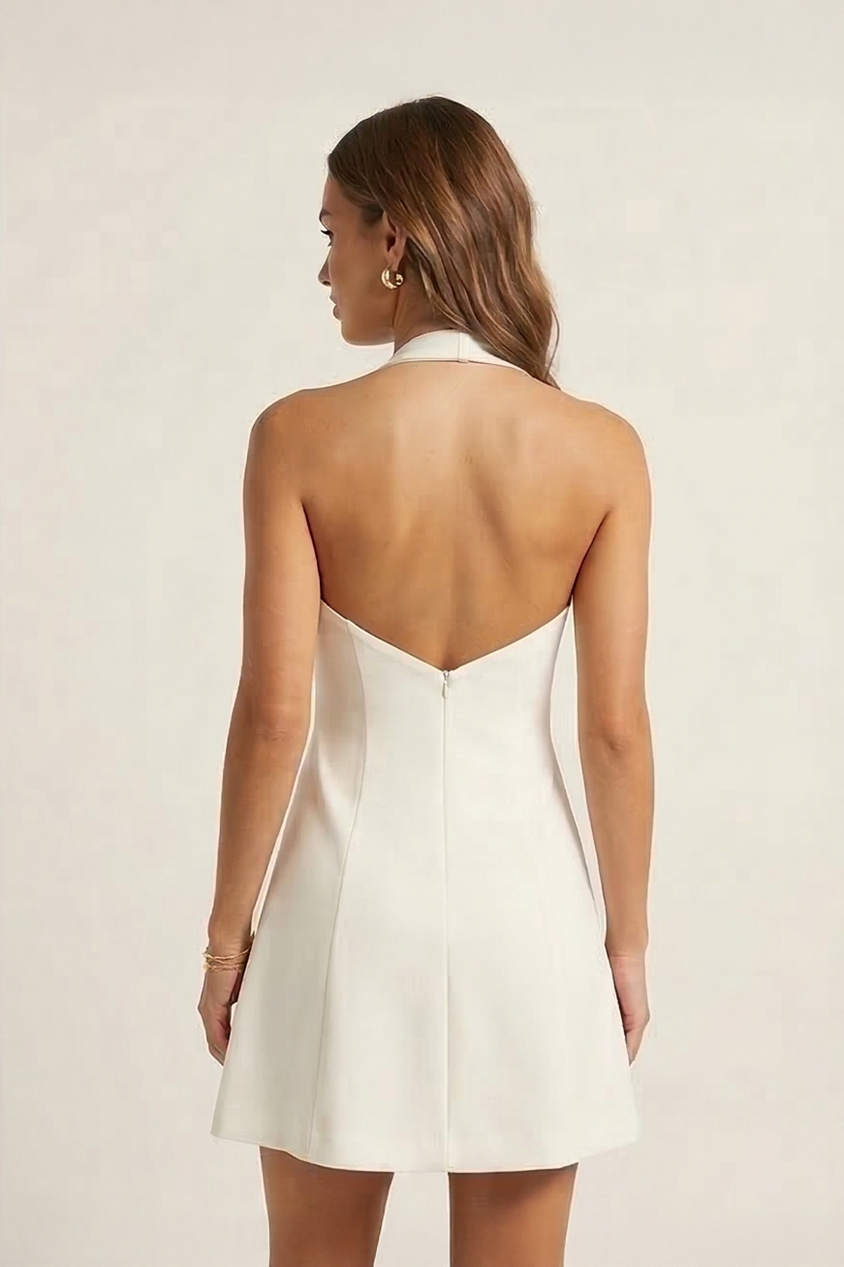 fablair  Kadın Beyaz Halter Yaka Sırt Dekolteli A Line Dokuma Özel Gün Elbisesi - Görsel 3