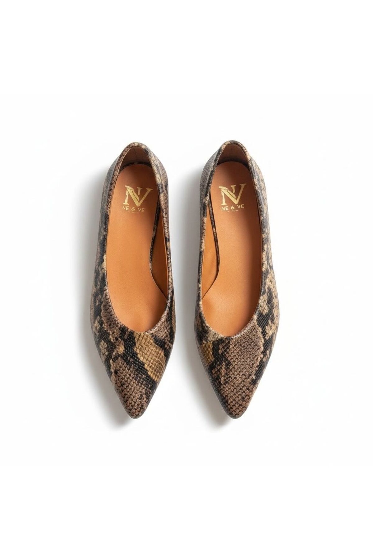 NE&VE SHOES Kahve Deri Yılan Baskı Sivri Burun Şık Ve Rahat Günlük Babet