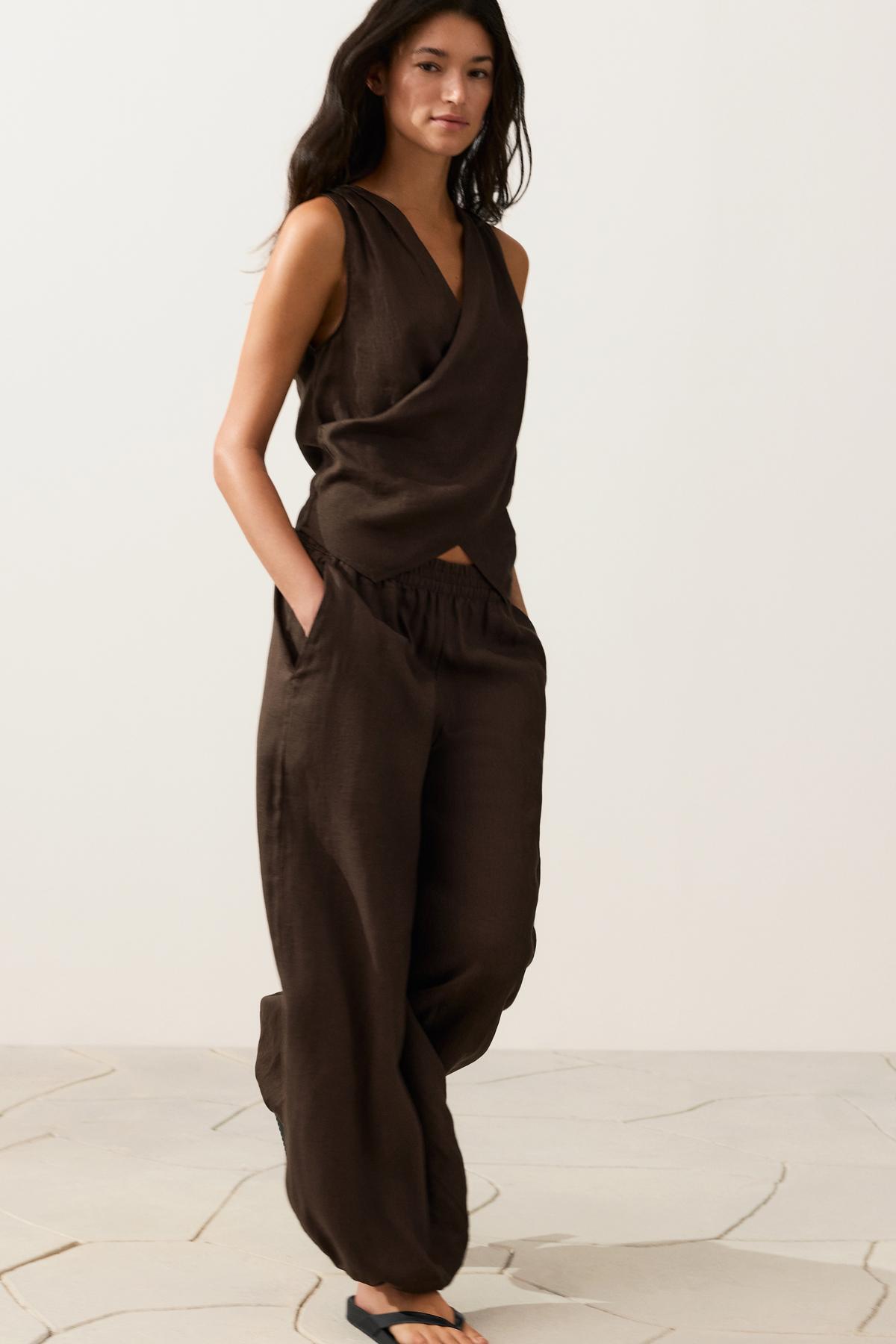 Oysho  %100 keten kruvaze Top - Görsel 6