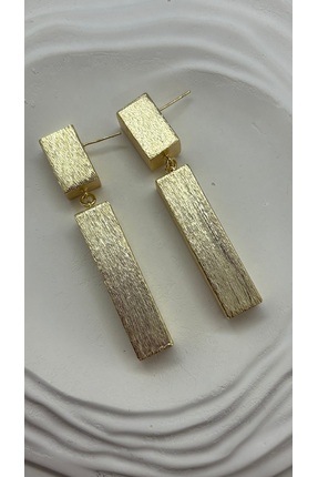 Store Mat Dokulu Geometrik Küpe - Modernist Tasarım Gold Sallantılı Küpe