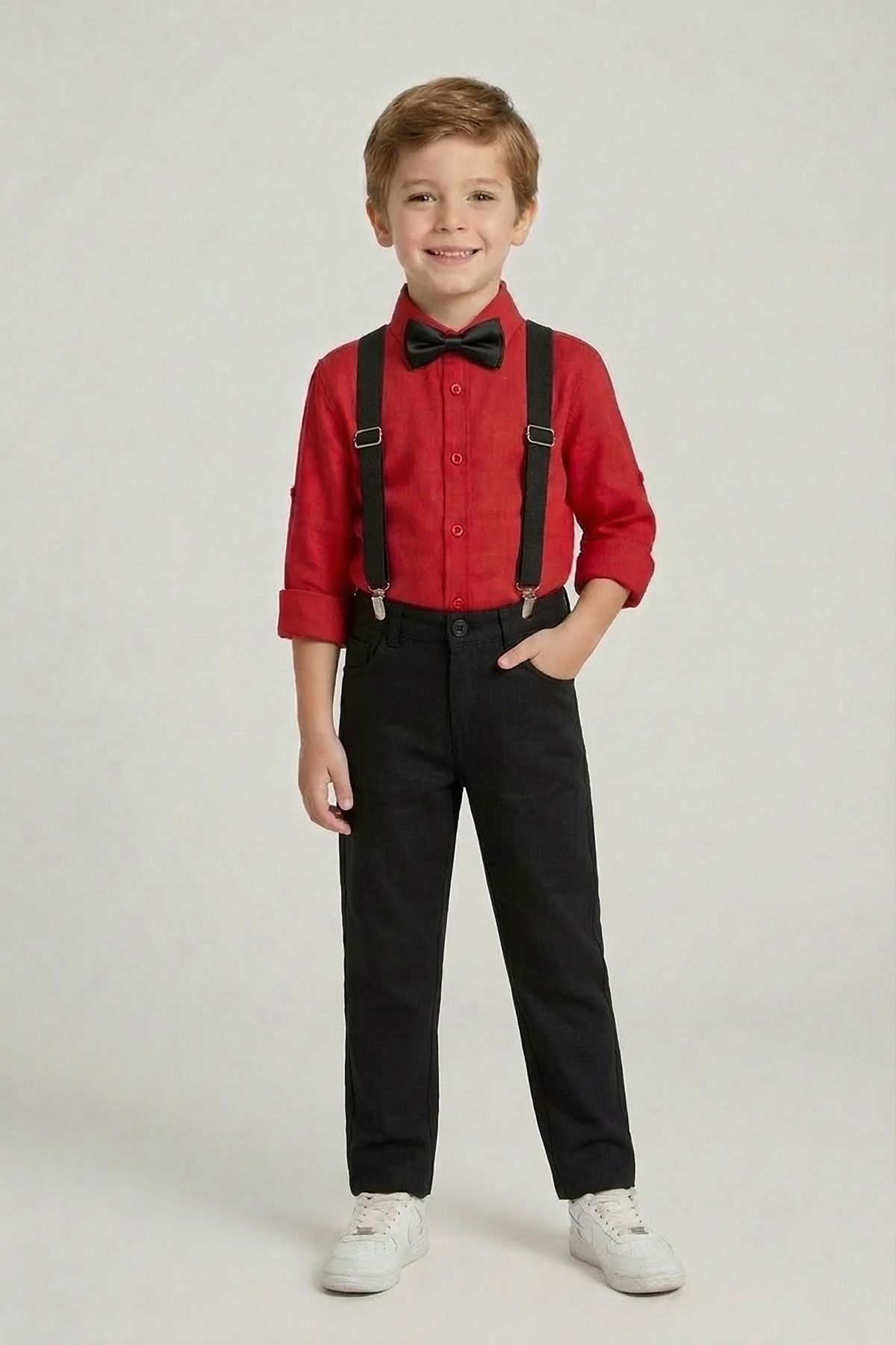 Boys Red Long Sleeve Shirt Black Pants Black Strap Bow Tie Set 23 April 29 October