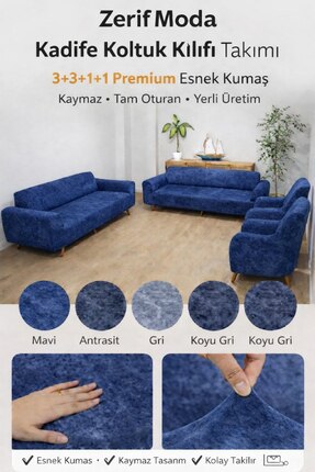 zerif home Kadife Koltuk Örtüsü Takımı 3+3+1+1 Esnek Lastikli Kaymaz Tam Otur...