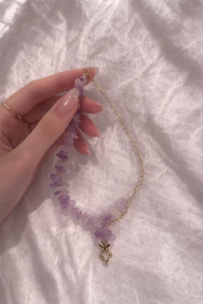 YNA VERA Design & Home Lila Aura Doğal Ametist Taşlı Kalp Uçlu Gold Kadın Kol...