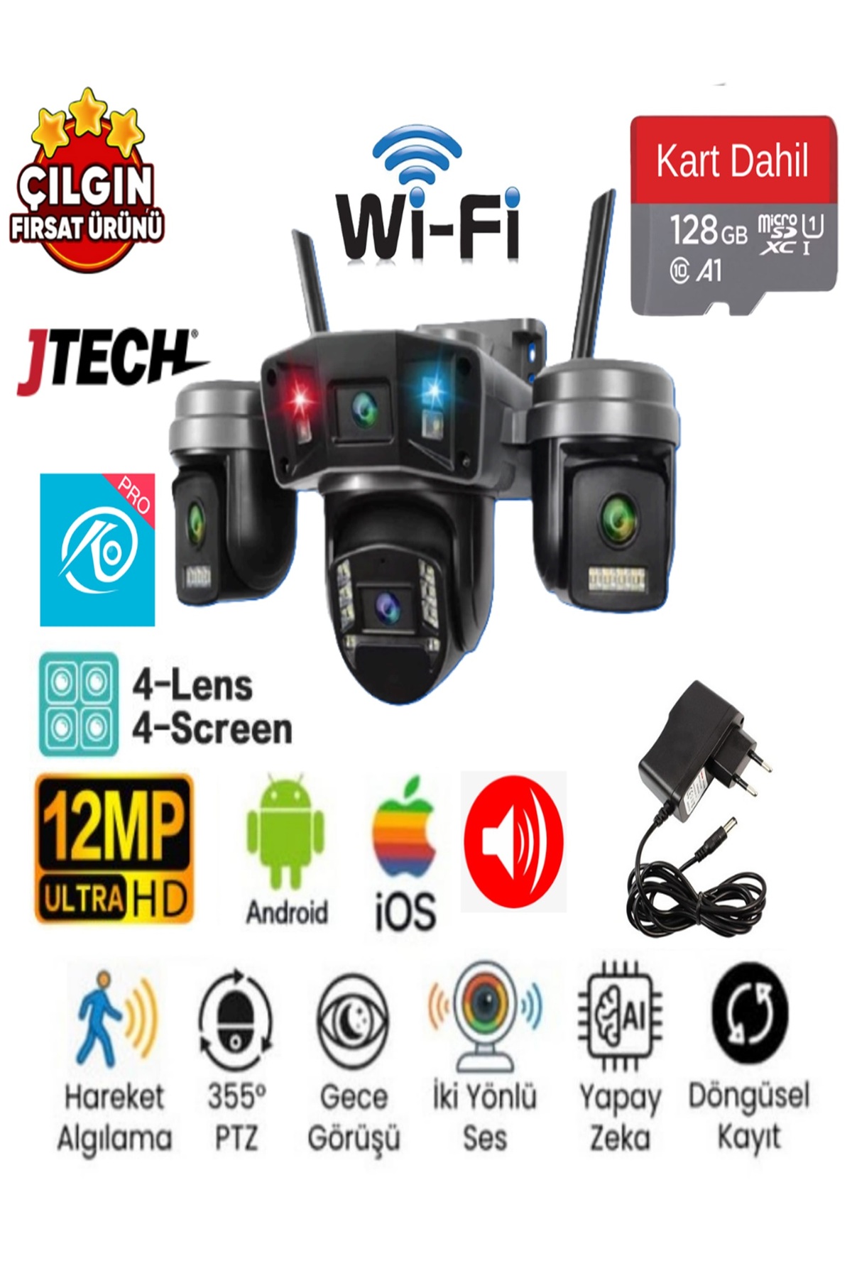 jtech O-KAM OK-203PLUSW (3MP+3MP+3MP+3MP) 12MP Wi-fi Çakarlı 4 Kameralı 1 PTZ Akıllı Kamera