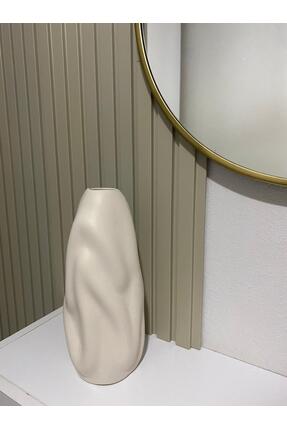 Tuge Home Dalgalı Vazo Büyük Seramik Vazo – Kum Beji