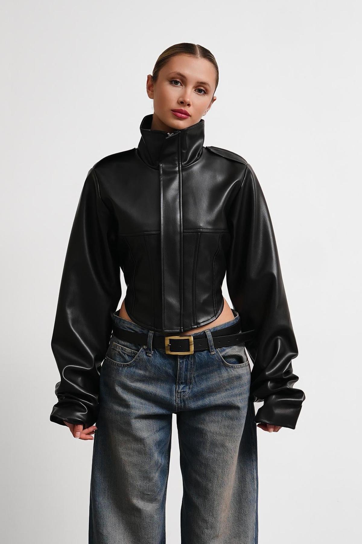 Jaglion  New Season Dik Yaka Motorcu Crop Kadın Siyah Deri Ceket - Görsel 5