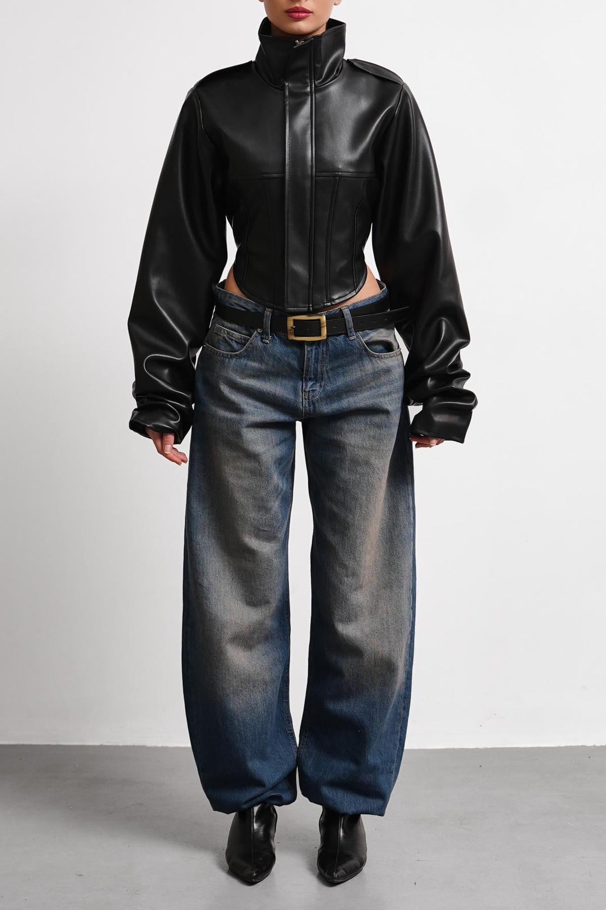 Jaglion  New Season Dik Yaka Motorcu Crop Kadın Siyah Deri Ceket - Görsel 3