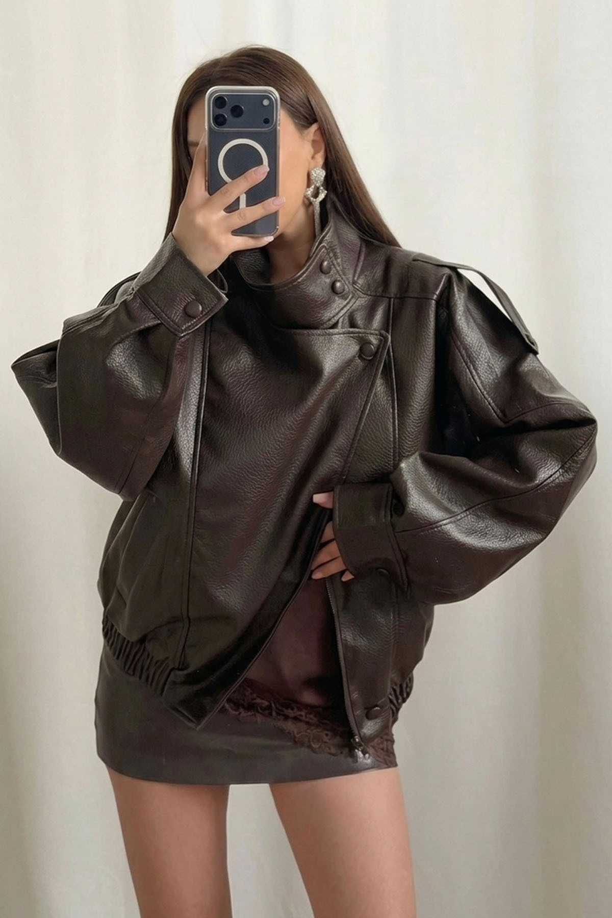 Moderk  ZRA Dik Yaka Dokulu Suni Deri Ceket