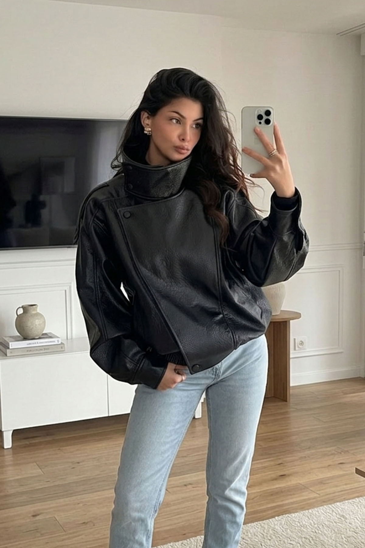 Moderk  ZRA Dik Yaka Dokulu Suni Deri Ceket - Görsel 3