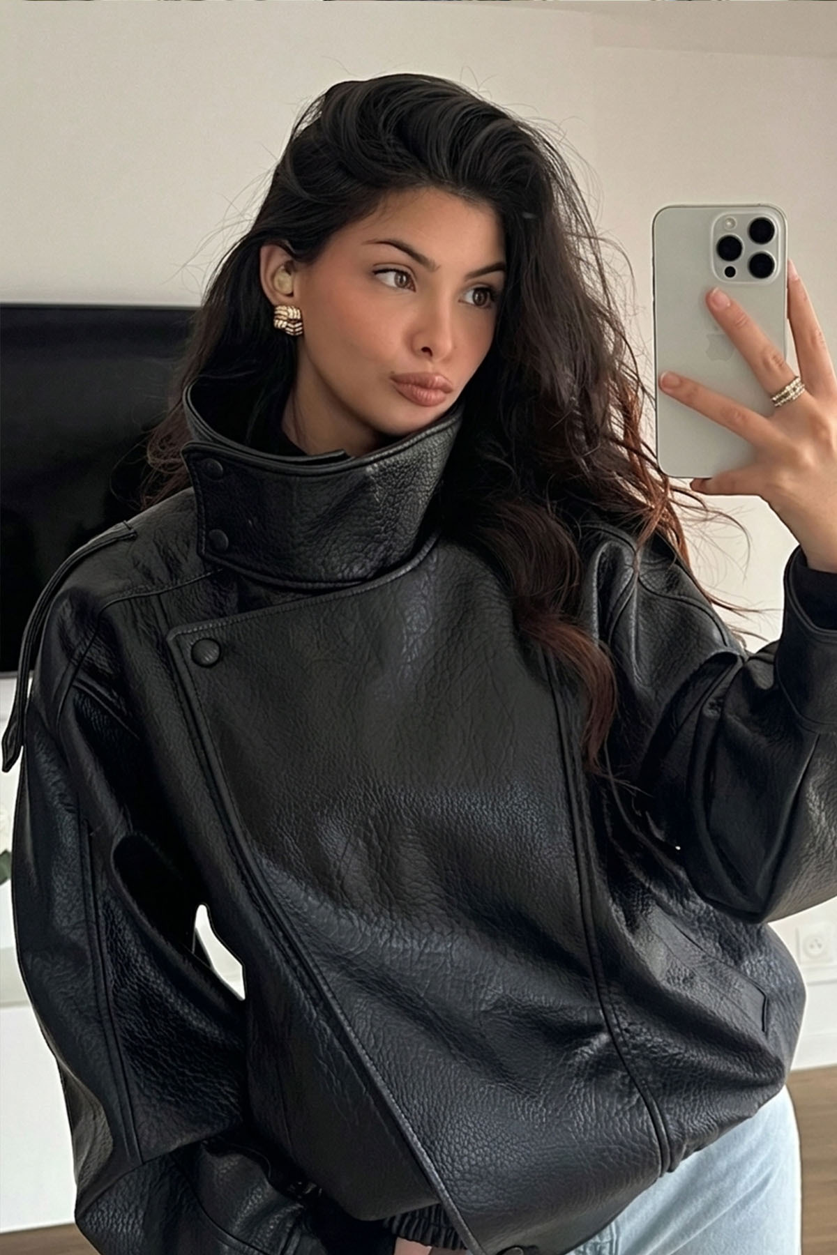 Moderk  ZRA Dik Yaka Dokulu Suni Deri Ceket