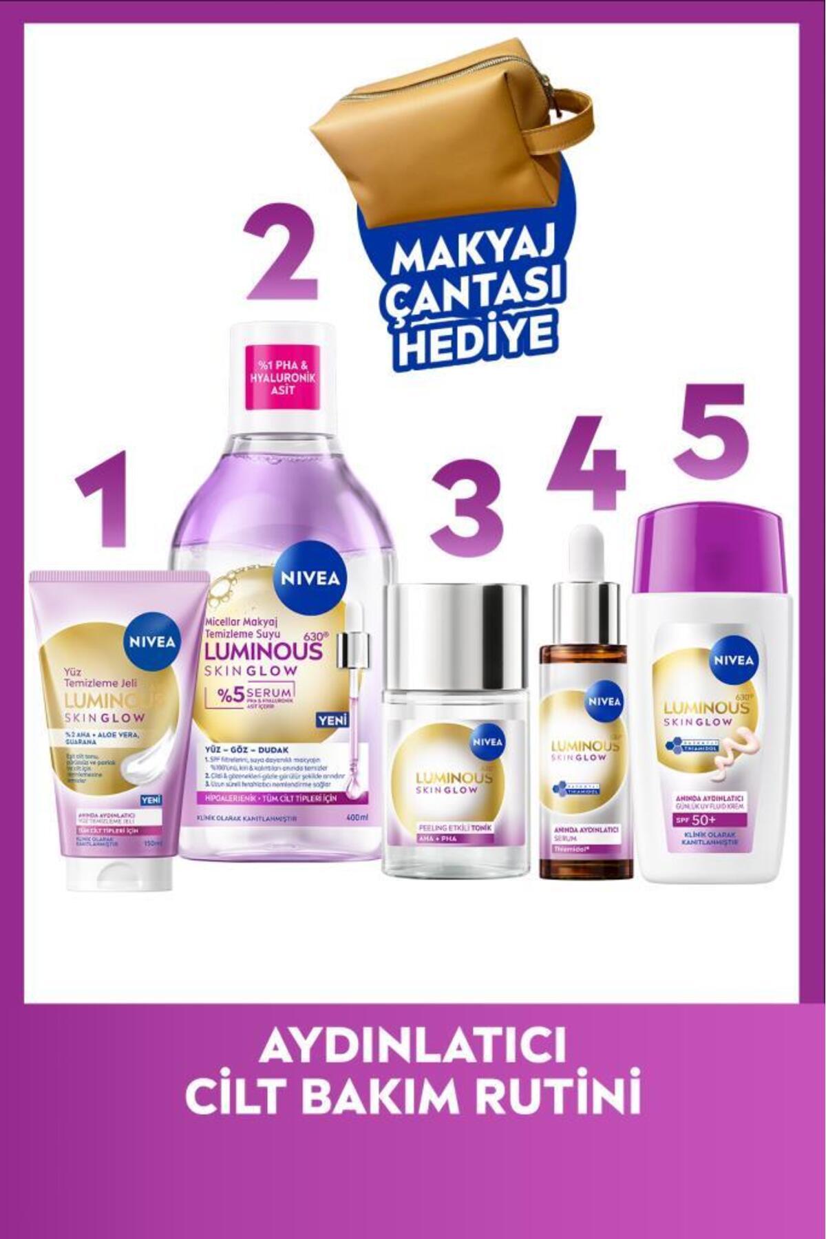 NIVEA Aydınlatıcı Bakım Rutini,Makyaj Temizleme Suyu,Temizleme Jeli,Tonik, Serum ve Yüz Kremi,Çanta Hediye — SET.NVE.1368