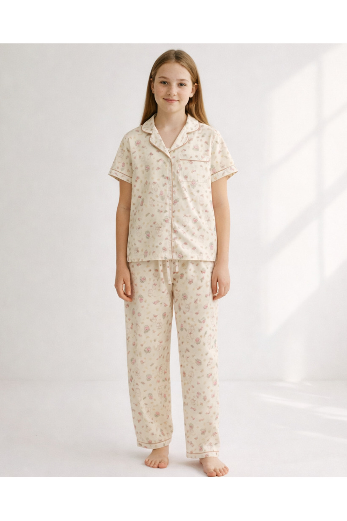 REDTAG Senior Girls Cream Bunny Cotton Sateen Pajama Set (2 Piece)