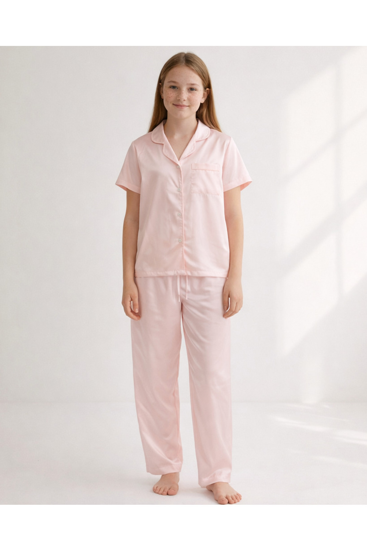 REDTAG Senior Girls Light Pink Plain Cotton Sateen Pajama Set (2 Piece)