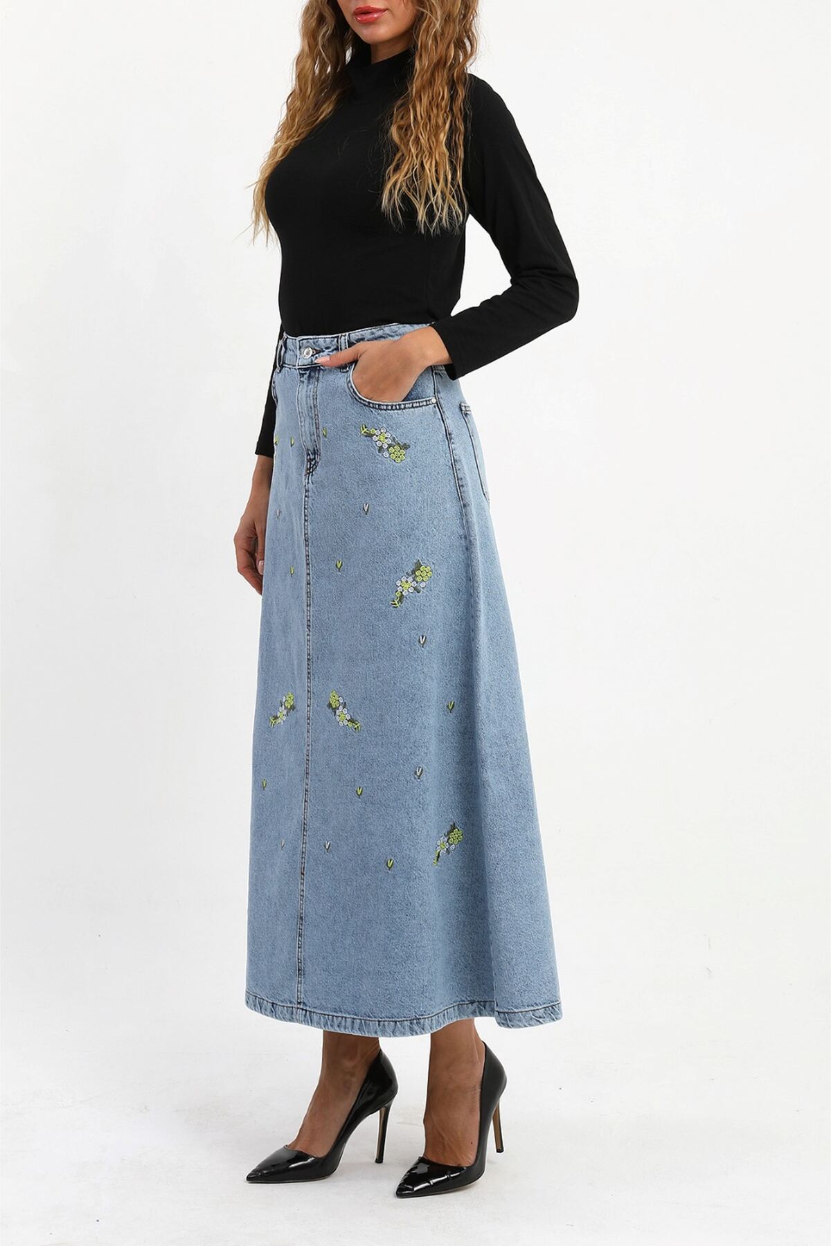 VELLICHOR  ÇİÇEKLİ NAKIŞ DETAYLI UZUN DENİM ETEK- MAVİ - Görsel 5