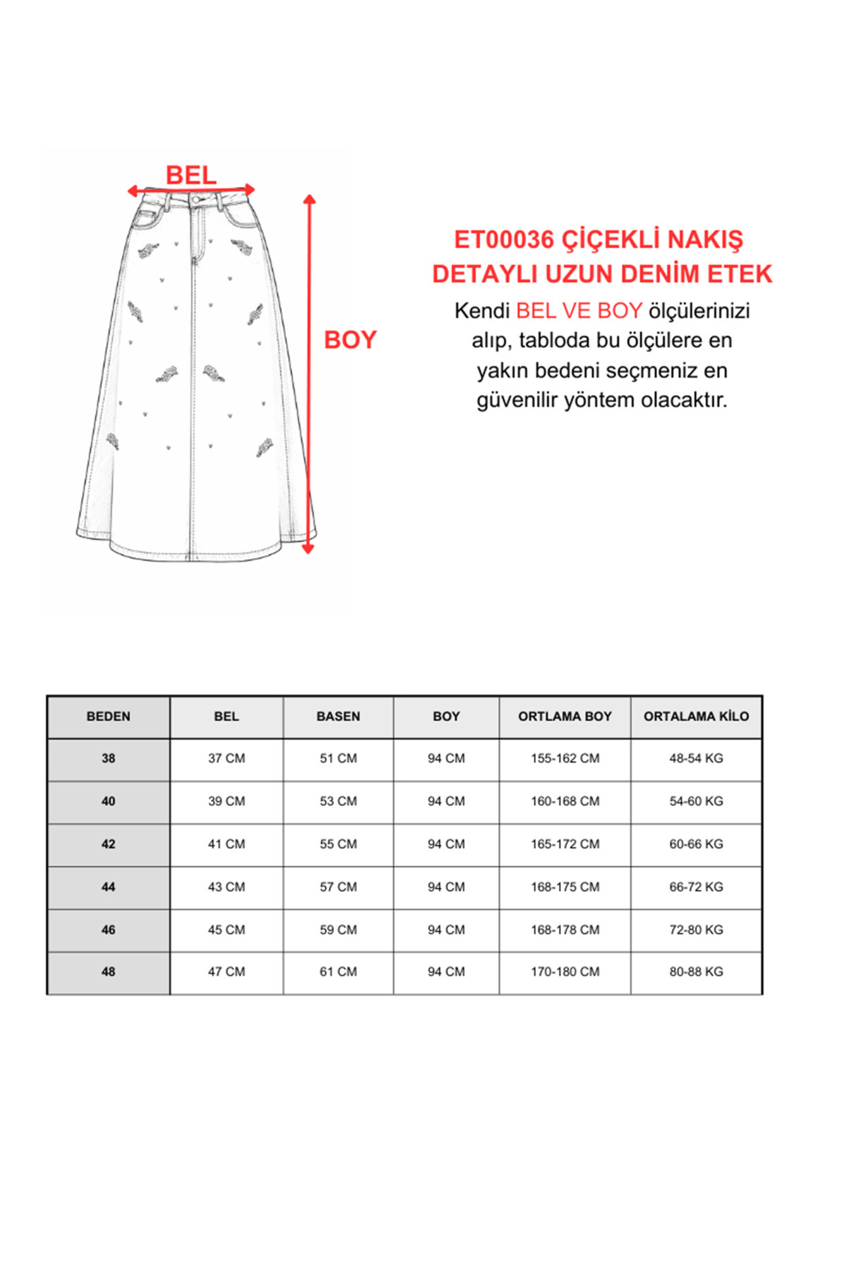 VELLICHOR  ÇİÇEKLİ NAKIŞ DETAYLI UZUN DENİM ETEK- MAVİ - Görsel 8