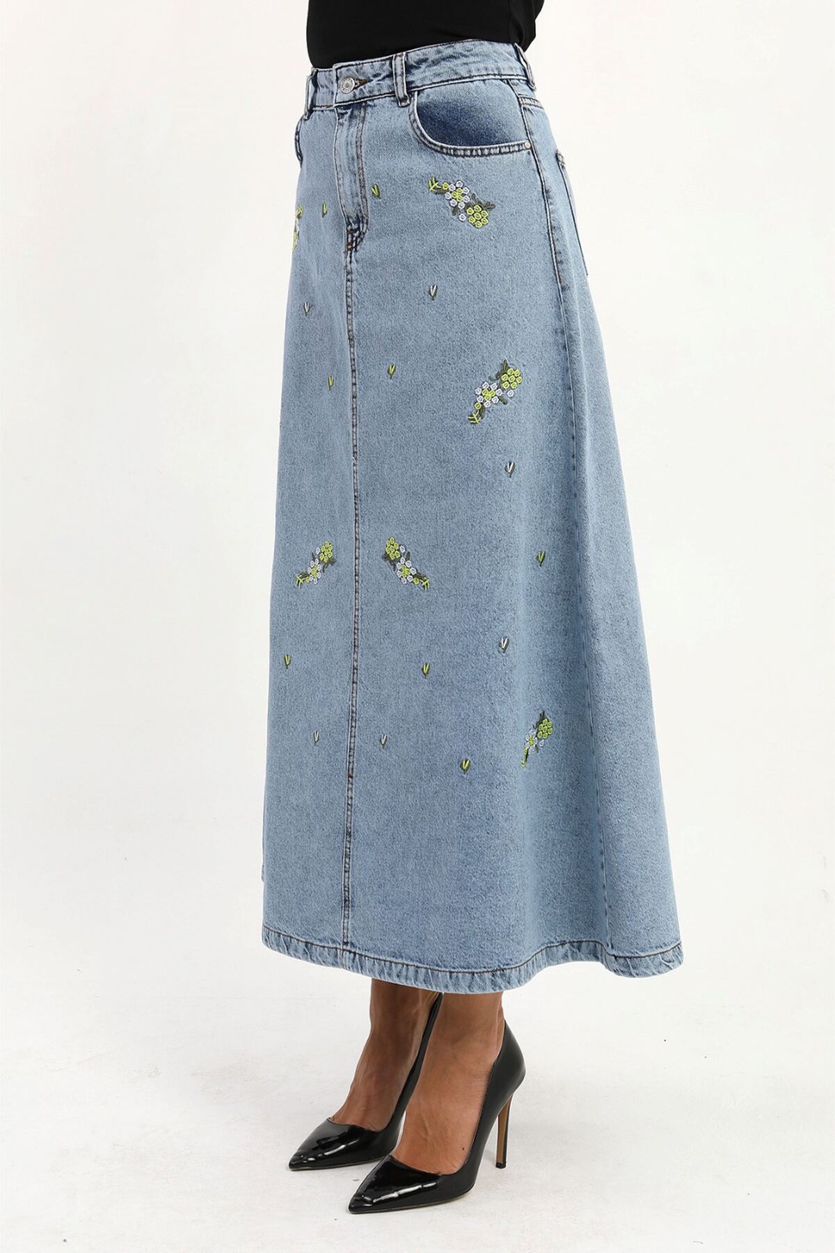 VELLICHOR  ÇİÇEKLİ NAKIŞ DETAYLI UZUN DENİM ETEK- MAVİ - Görsel 7