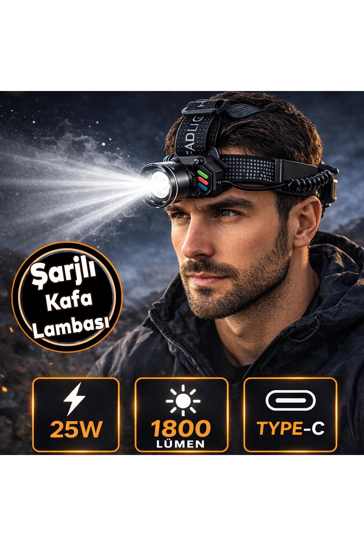 NZB Profesyonel Şarjlı LED Kafa Lambası 25W 1800 Lümen Kamp