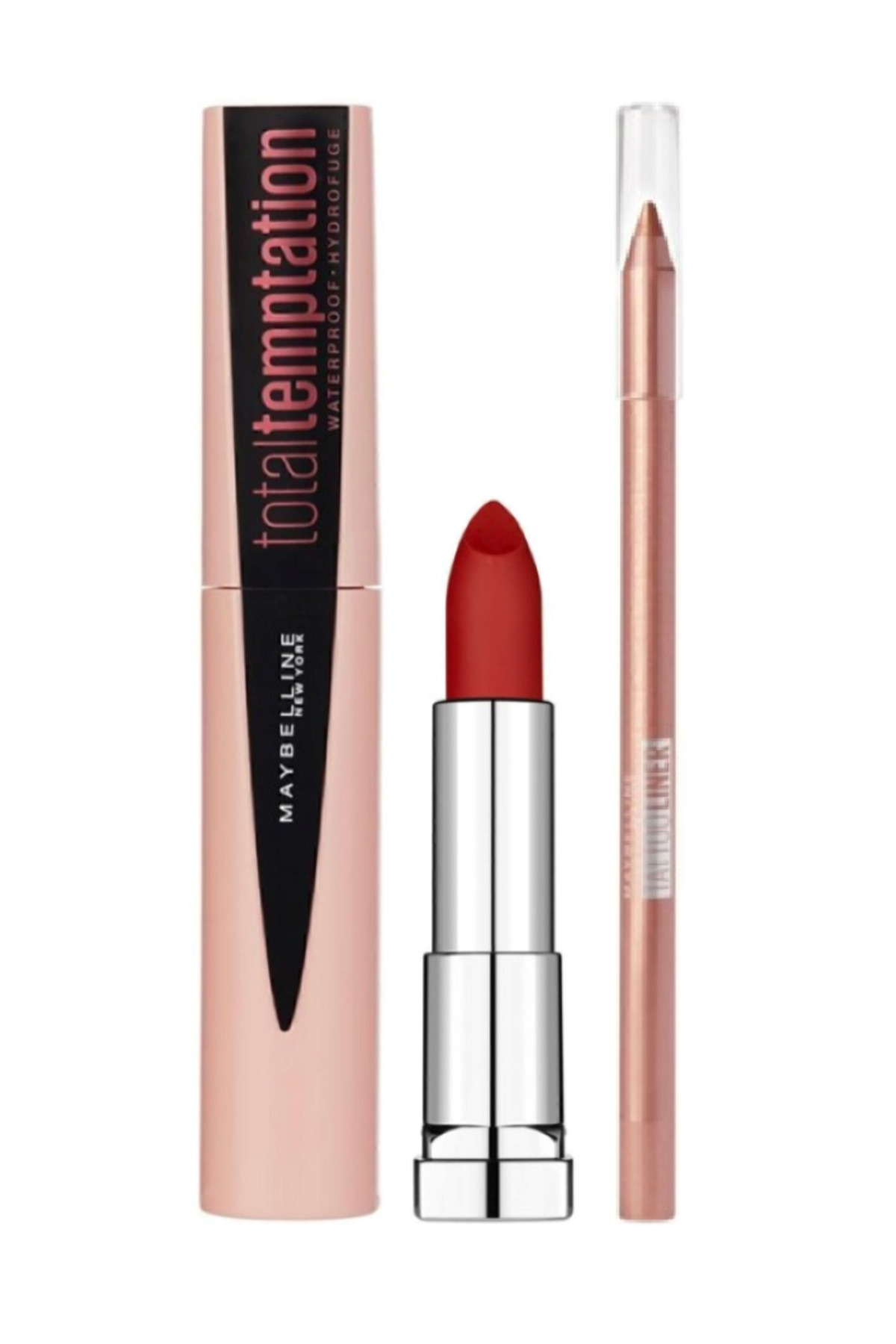 Maybelline New York Total Temptation Siyah Maskara+Color Sensational Kırmızı Mat Ruj 965+Tattoo Liner Jel Göz Kalemi 950 - Fiyatı, Yorumları
