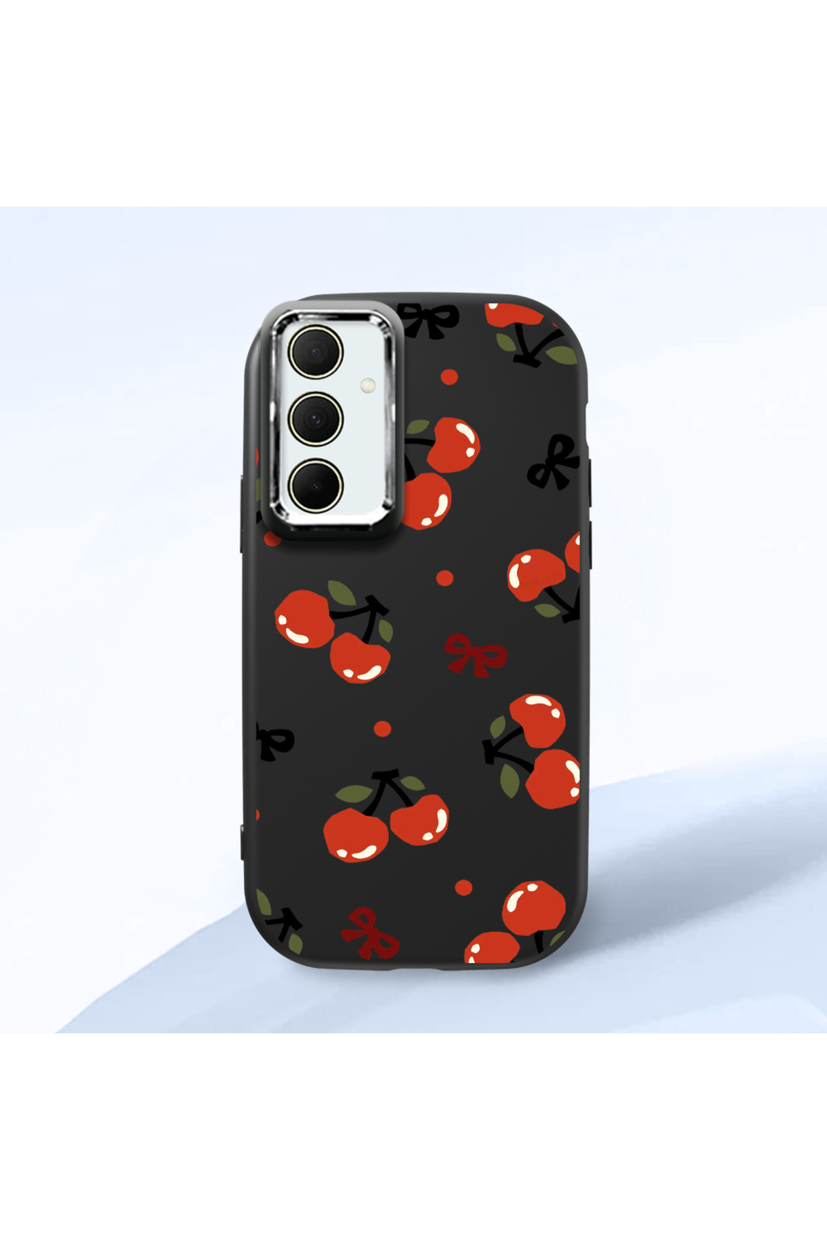 Samsung Galaxy A35 Compatible Black Soft Silicone Phone Case with Camera Protection with Cherry Pattern