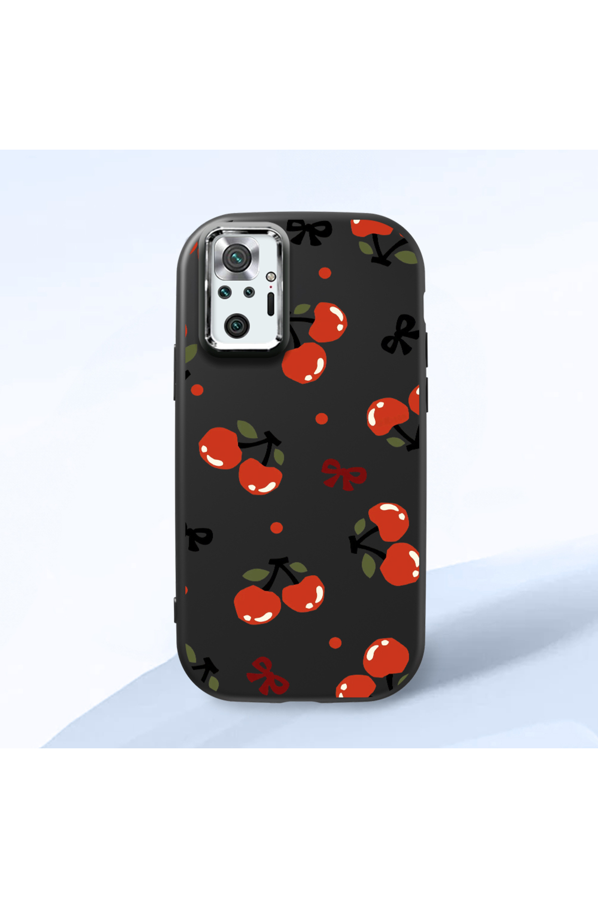 Redmi Note 10 Pro Compatible Black Soft Silicone Phone Case with Camera Protection Cherry Pattern