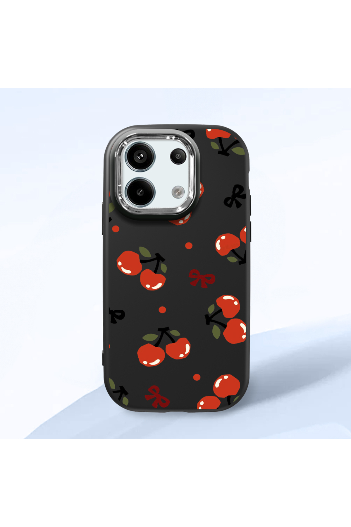 Redmi Note 13 Pro 5G Compatible Camera Protected Black Soft Silicone Phone Case with Cherry Pattern
