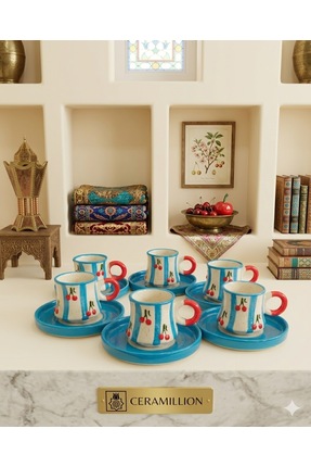 Ceramillion Kiraz Desenli Türk Kahvesi Fincan Takımı – 6’lı Renkli & Şık Tasarım