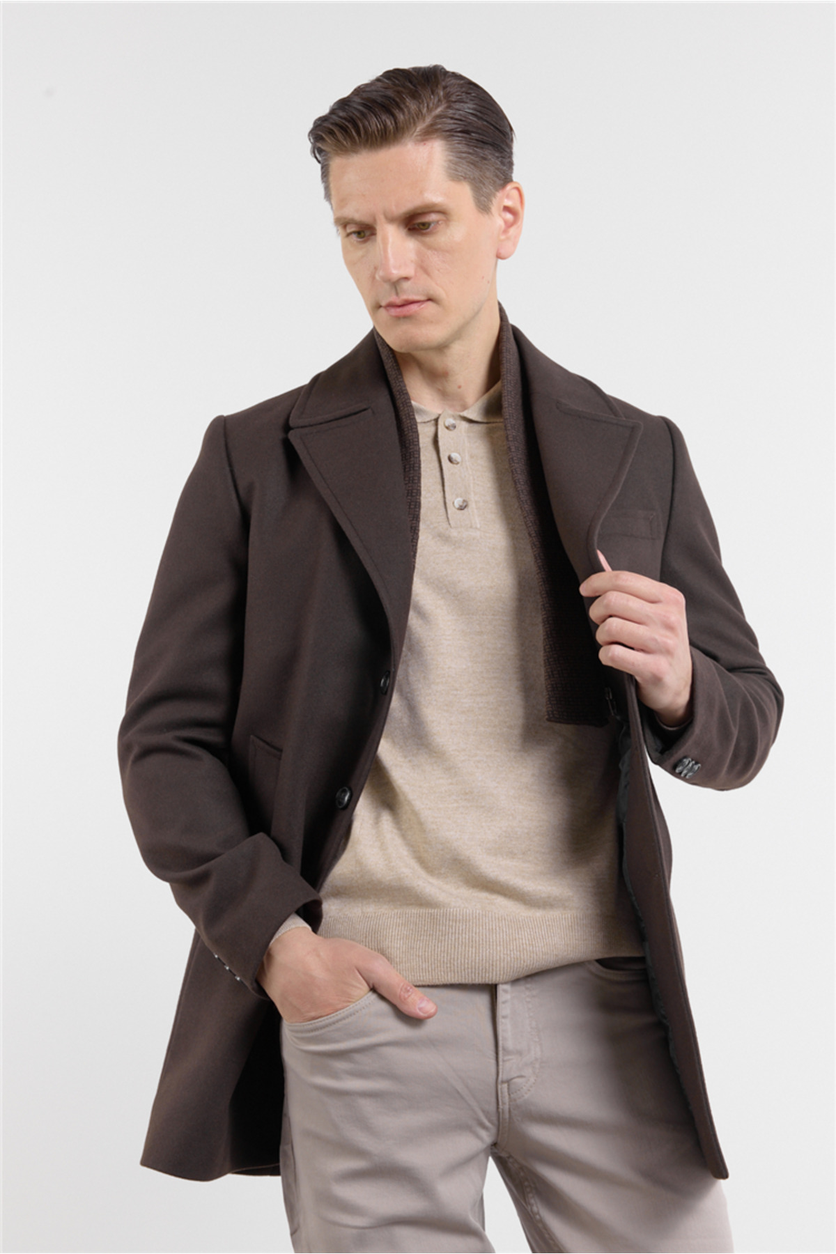 İmza  Kahverengi Mono Yaka Yan Cep Comfort Fit Esnek Kaşe Kaban 1008255260 - Görsel 3