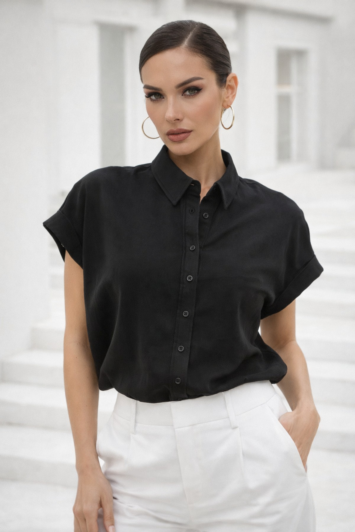 Rich  Kadın Siyah Oversize Kısa Kollu Gömlek - Görsel 3