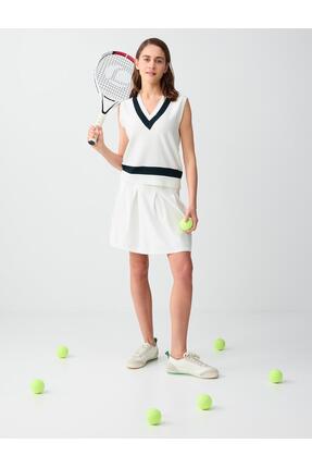 Jimmy Key Kırık Beyaz Düz Kesim Beli Lastikli Mini Triko Etek