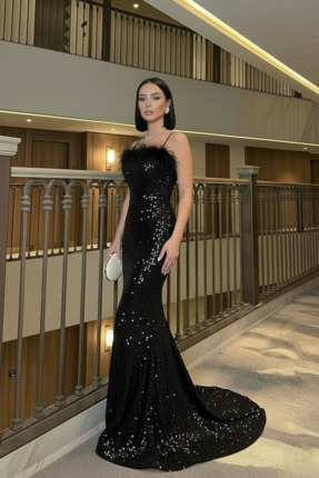 ALFUDO Moda Collection Trend Pul Payetli Tüy Detaylı Abiye Kadife Siyah Elbise