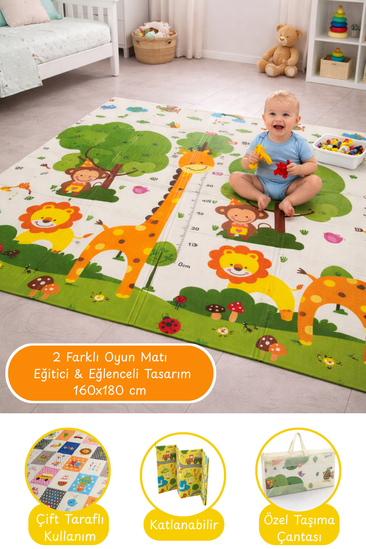 ESTİ Çift Taraflı Çocuk Oyun Matı – Öğretici Desenler & Orman Teması, Ölçü Cetvelli 160x180 cm fotoğrafı 2 (önizleme)
