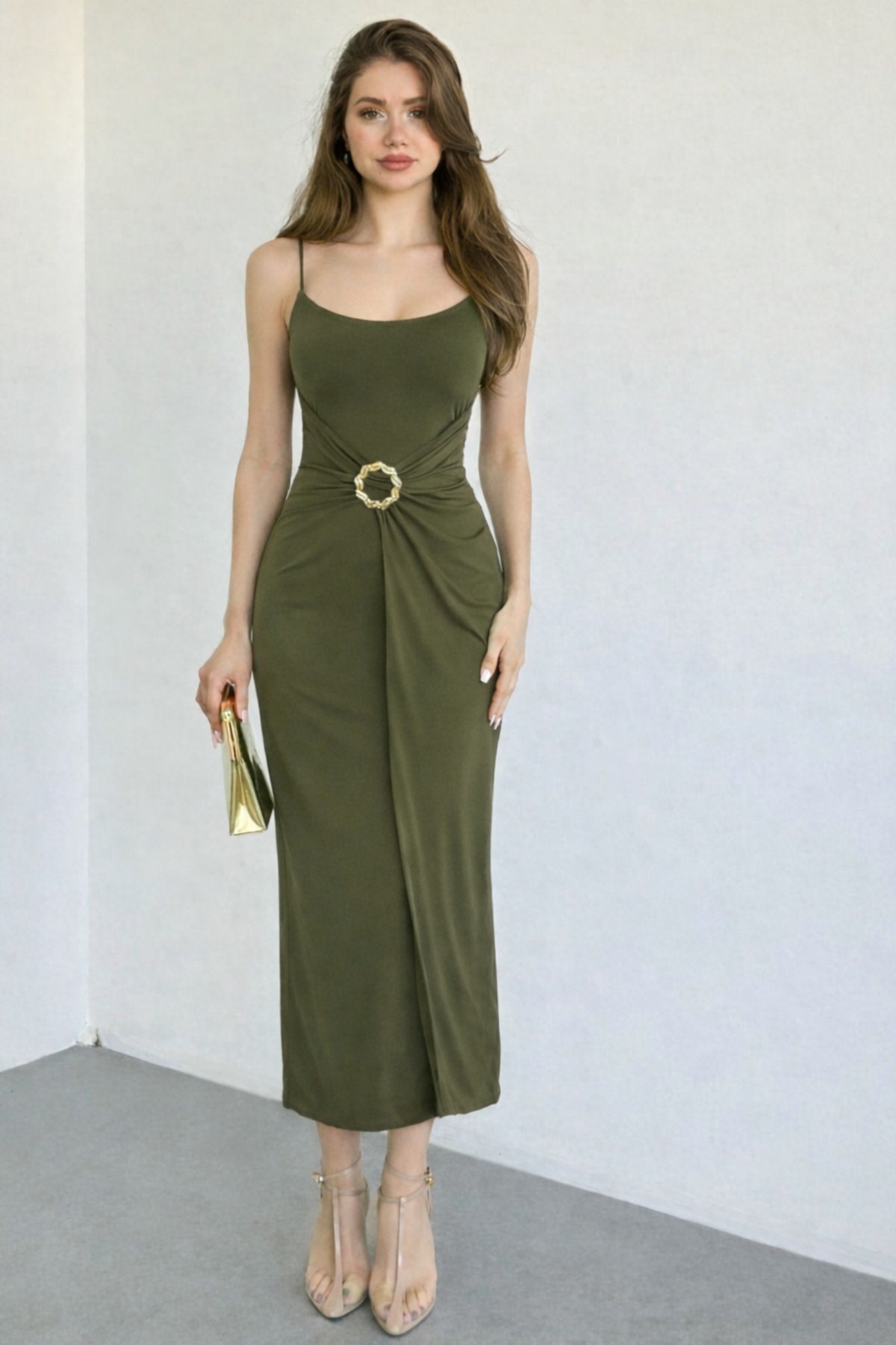 Nika Fashion  MELONİ Aksesuarlı Sandy Askılı Yazlık Elbise