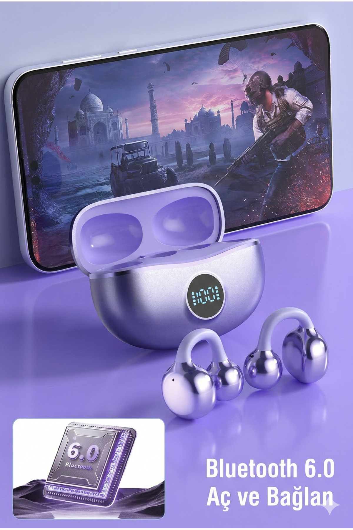 Küpe Tasarım Kablosuz Bluetooth Kulaklık - Yeni Nesil Klipsli Sporcu Kulaklığı - LED Ekranlı