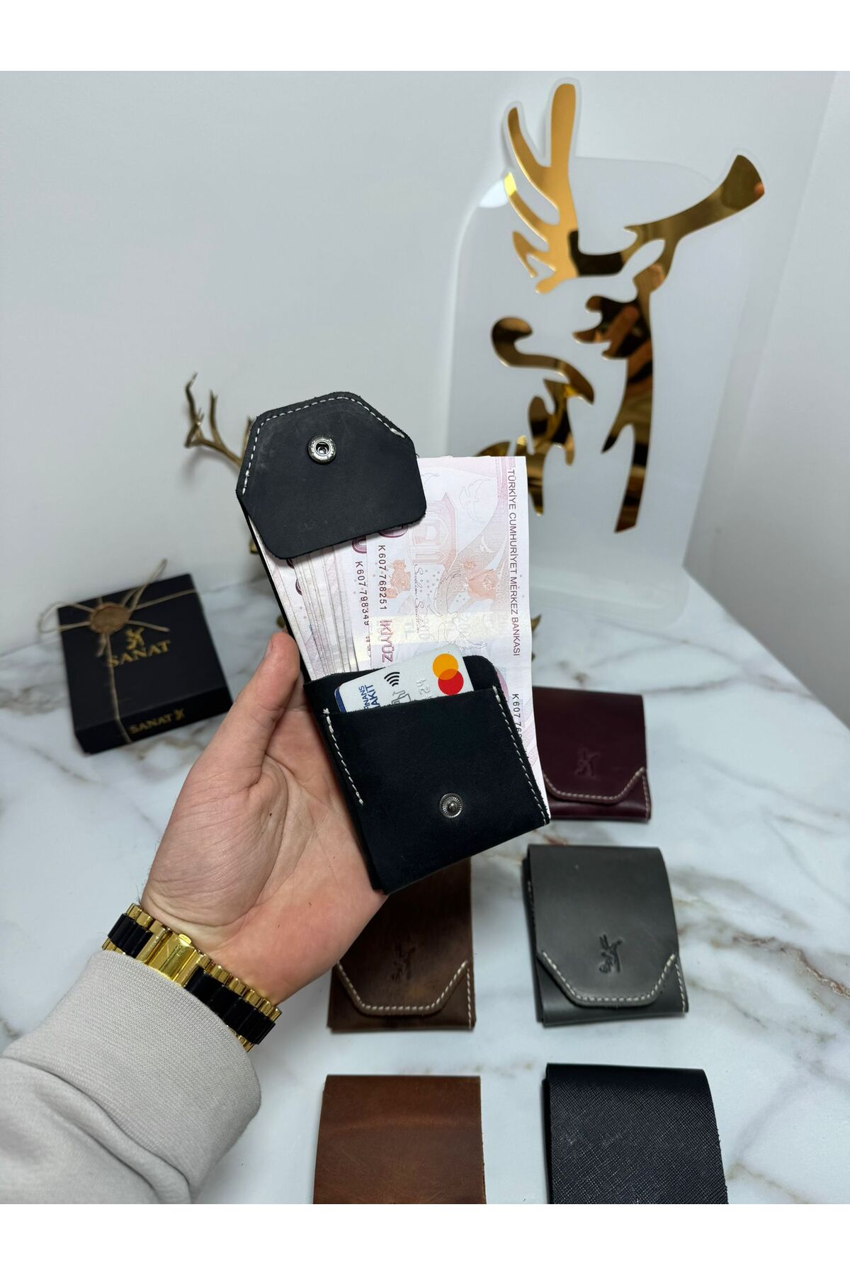 SANAT LEATHER %100 Hakiki Crazy Deri El yapımı Minimalist Cüzdan - Crazy Deri Şık Kaliteli Triod Kartlık Cüzdan görsel 4