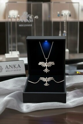 ank tasarım anka mücevherat IŞIKLI KUTUDA 925 AYAR GÜMÜŞ ANKA KUŞU KADIN SET