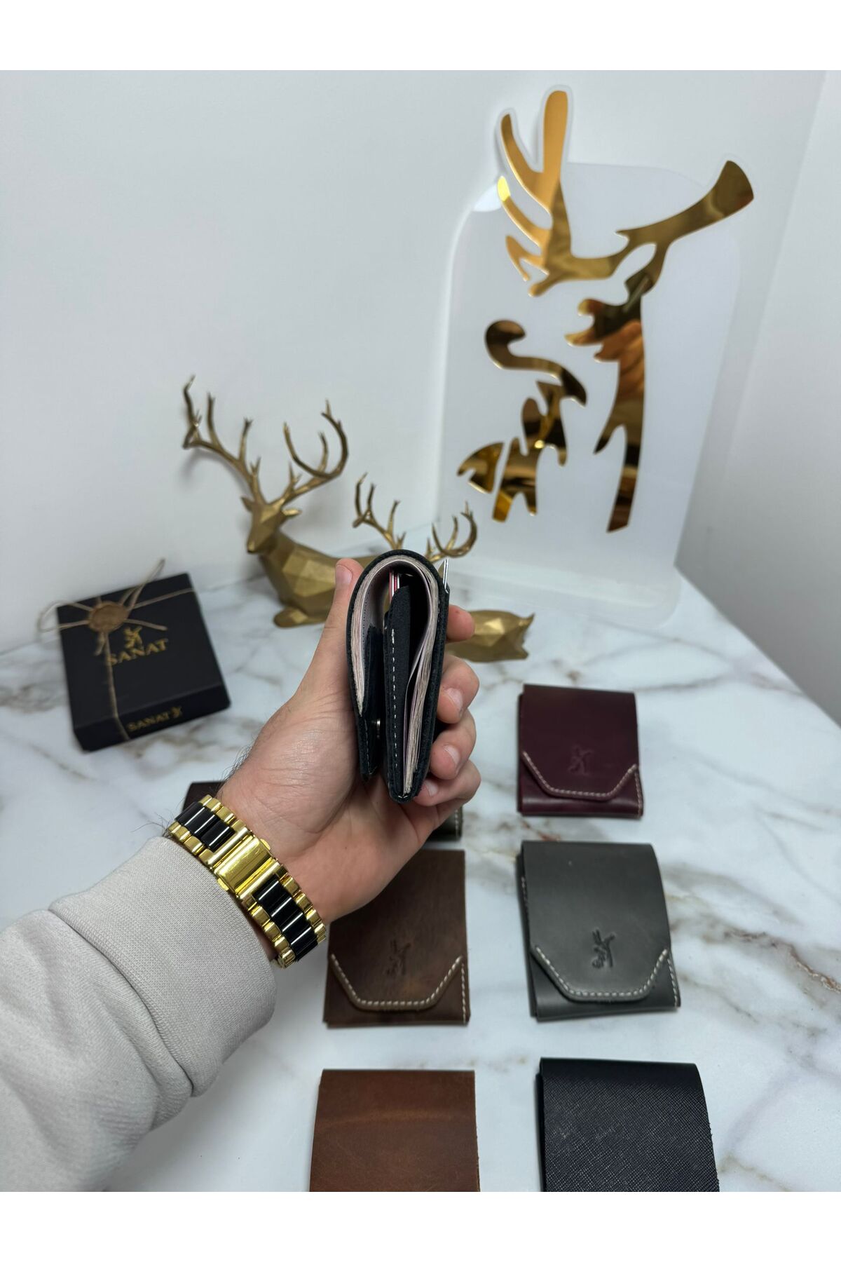 SANAT LEATHER %100 Hakiki Crazy Deri El yapımı Minimalist Cüzdan - Crazy Deri Şık Kaliteli Triod Kartlık Cüzdan görsel 5