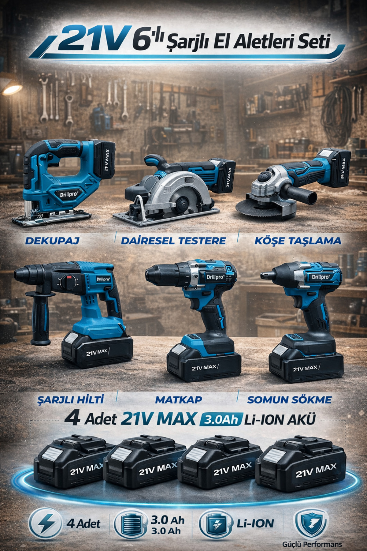 Drillpro PRO XL 4 Akülü 2 Şarjlı Kömürsüz VPower Profesyonel 6