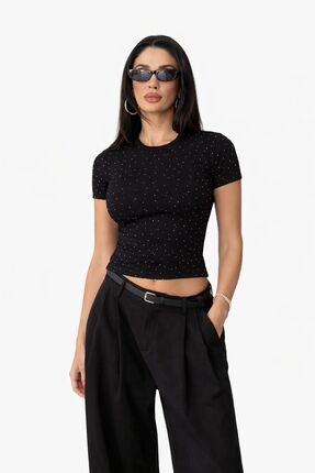 Vybe Collection Kadın Siyah ve Ekru Taşlı-Pırıltılı Kısa Kollu Likralı Tişört