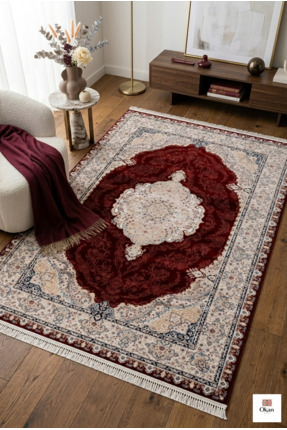 Okan Halıcılık Prestige Exclusive: Sanat Eseri Dokusunda Bordo Madalyon Salon...