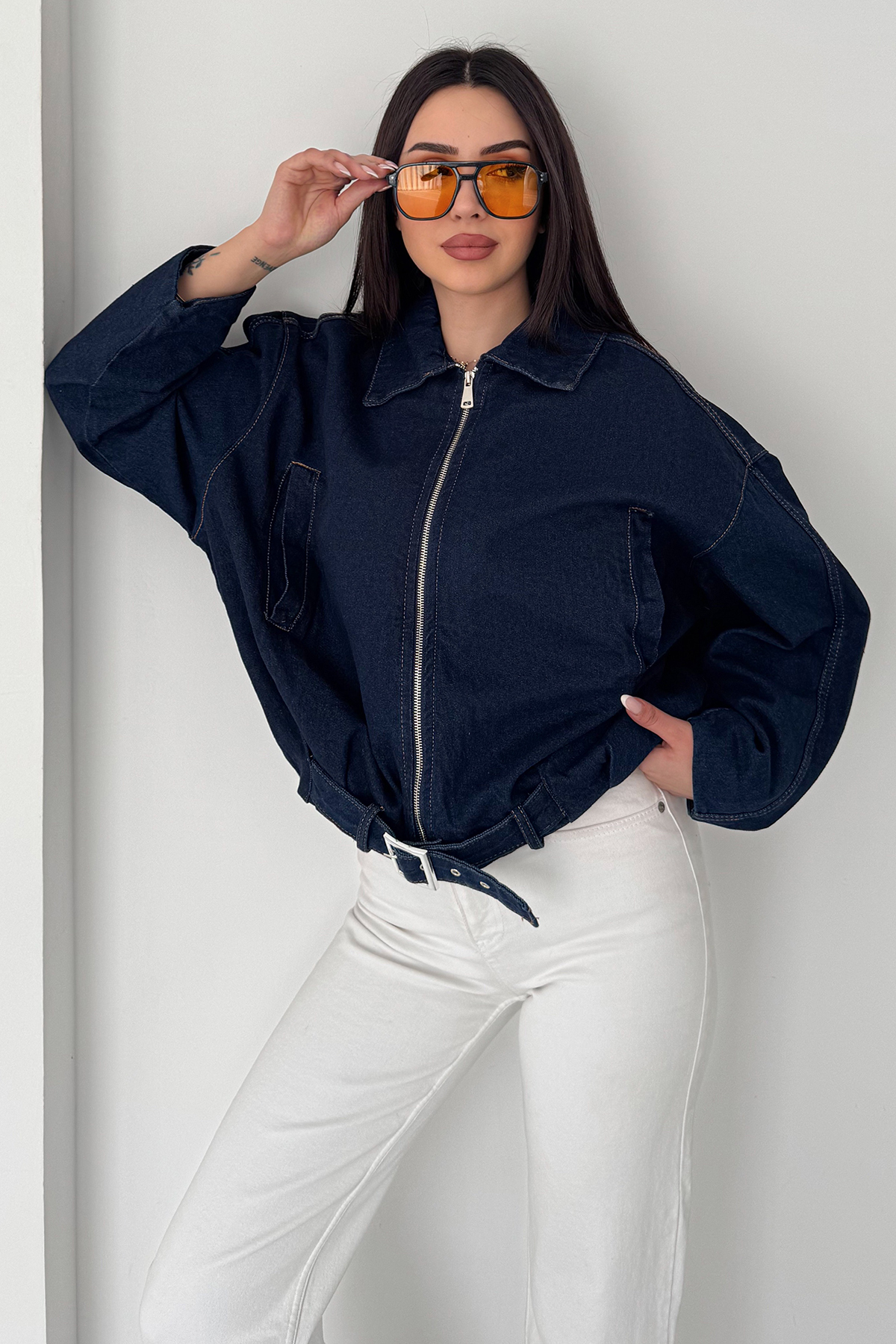 Noa Noa  Kadın Kemer Detaylı Kot Ceket – Oversize Fermuarlı Denim Ceket Lacivert - Görsel 5