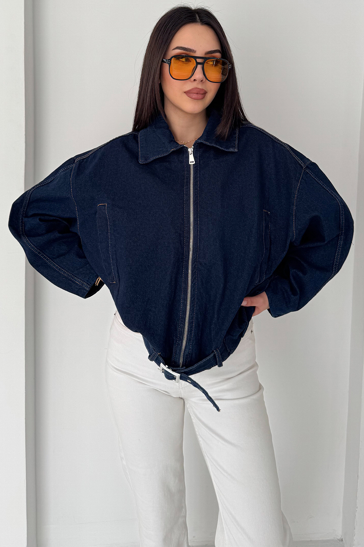 Noa Noa  Kadın Kemer Detaylı Kot Ceket – Oversize Fermuarlı Denim Ceket Lacivert - Görsel 4