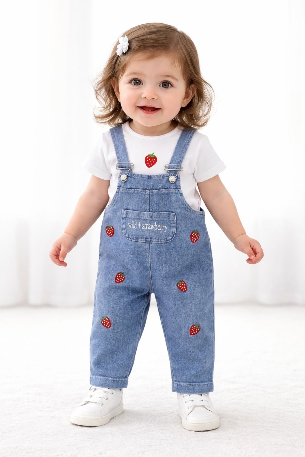 MixMax Bebe Kız Bebek Çilek Desenli Kısa Kollu Sweatshirt Bebek Salopet fotoğrafı 3 (önizleme)