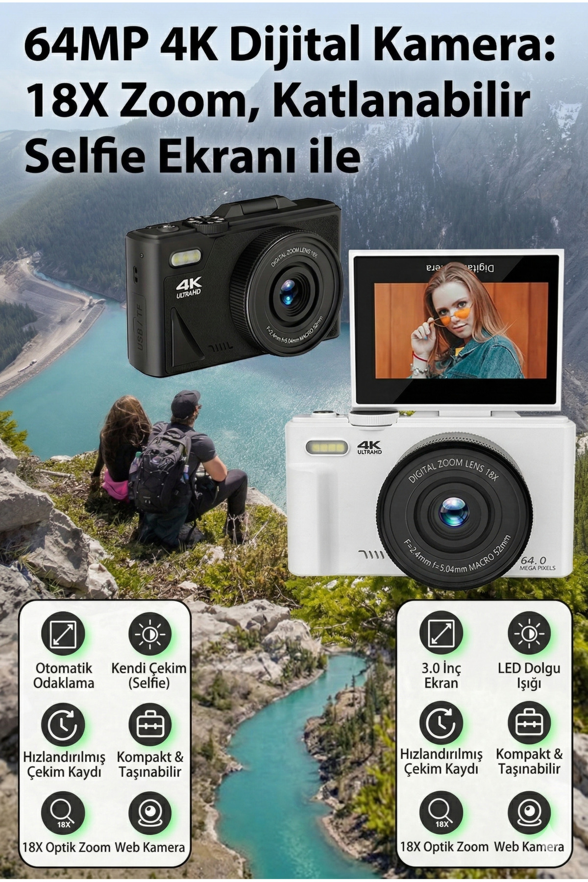 4K Ultra HD Dijital Vlog Kamerası - 16X Dijital Zoom - Oto Fokus ve Gece Görüşlü Fotoğraf Makinesi