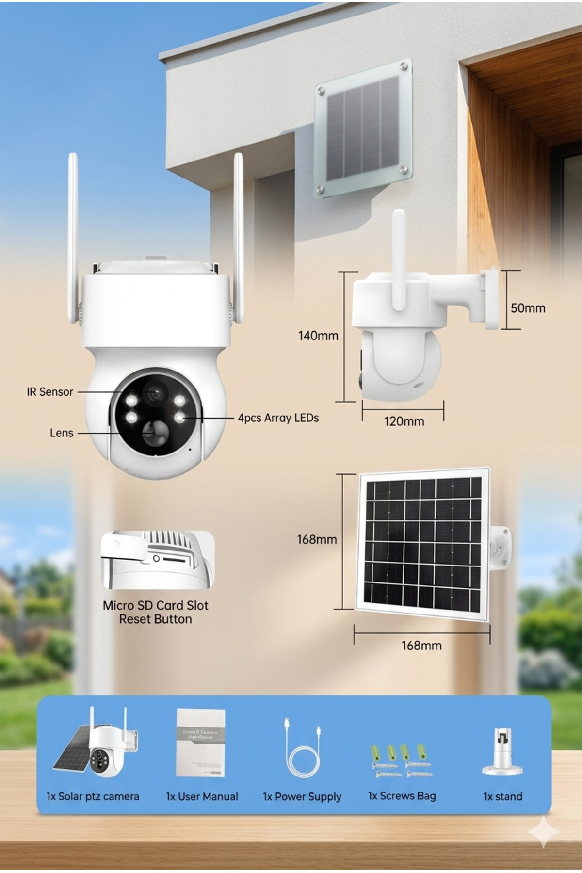 Solar Şarjlı Kablosuz Güvenlik Kamerası – WiFi IP Kamera, Gece Görüş & Hareket Algılama