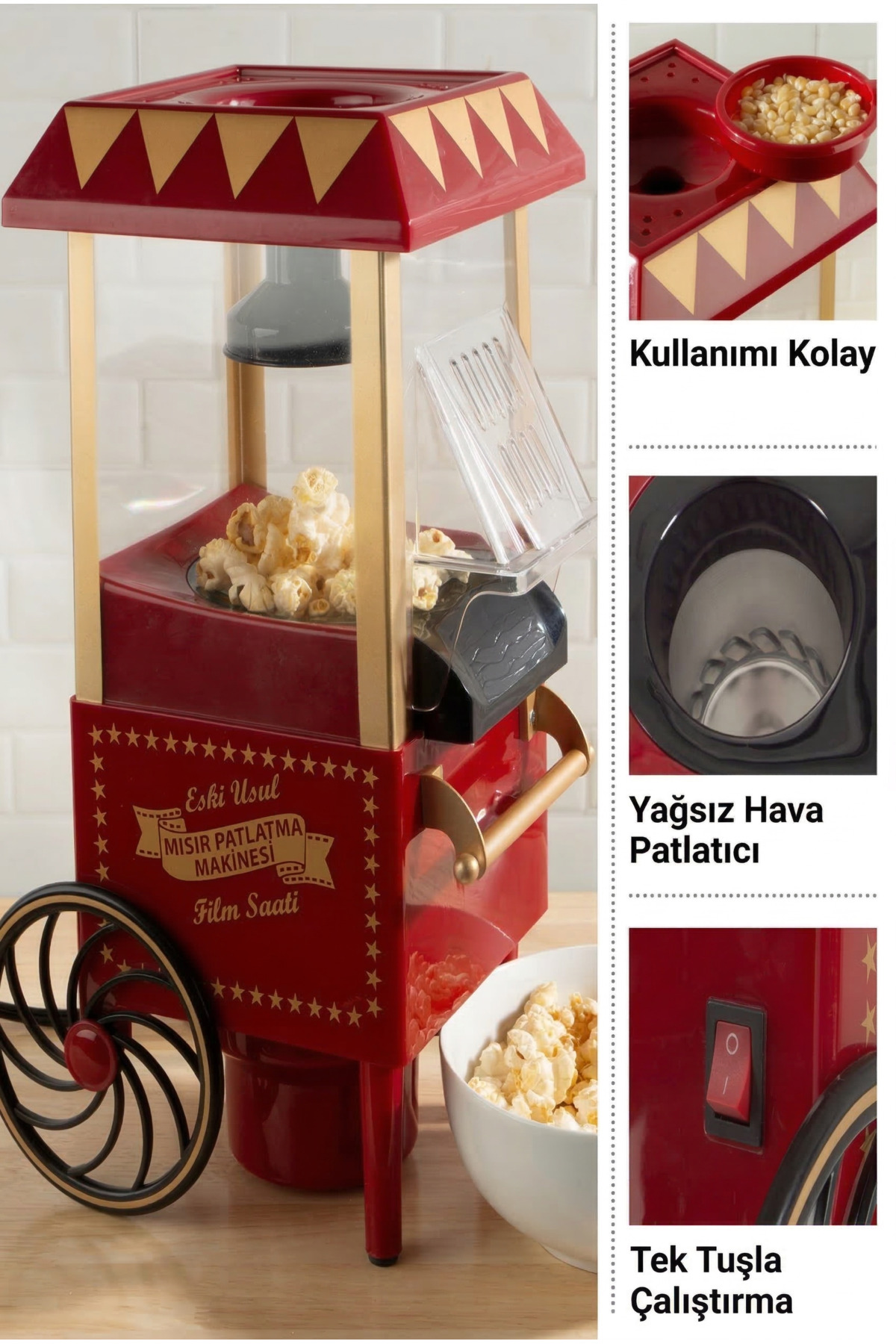 Retro Tasarım Yağsız Sıcak Hava Mısır Patlatma Makinesi - 1200W Hızlı Patlatma Kapasitesi
