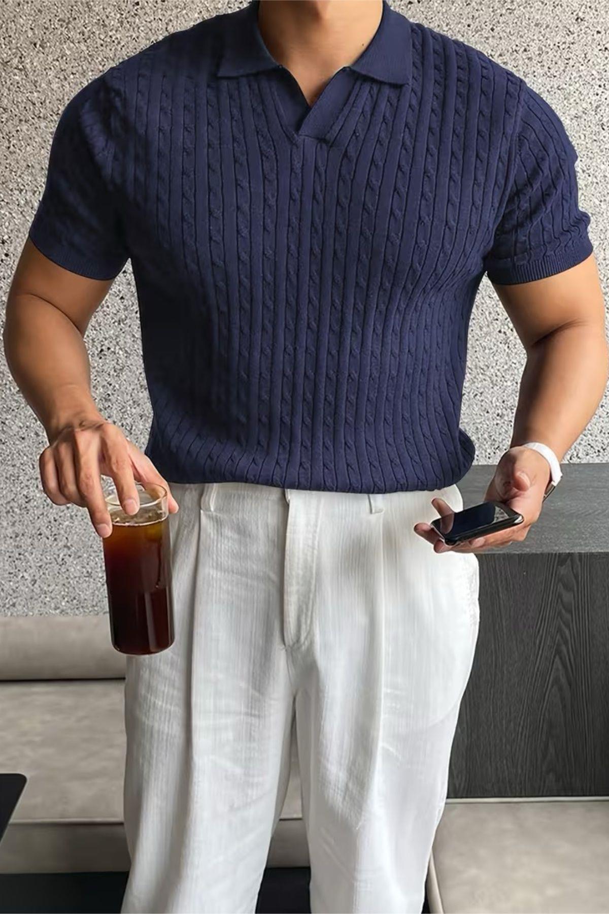 Italian Style V-Neck Hair Weave Detailed Slim Fit Knitwear Men's Polo T-Shirt