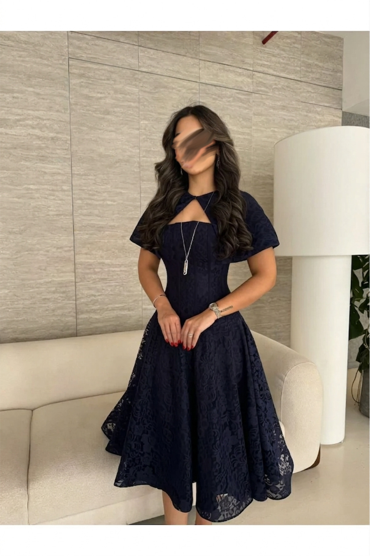 DVNA فستان ميدي كلوش دانتيل كحلي بجاكيت